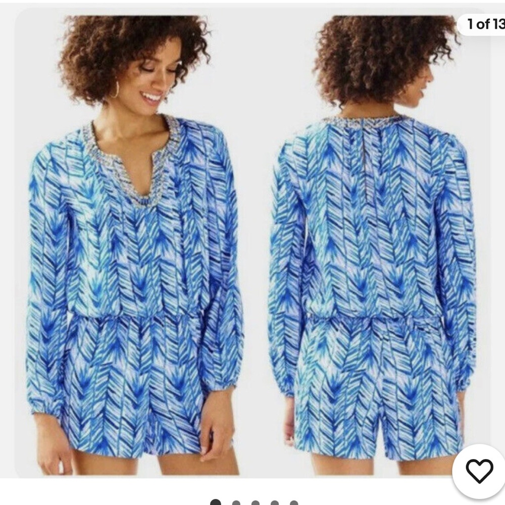 Lilly Pulitzer Blue Leaf-Print Long-Sleeve Romper